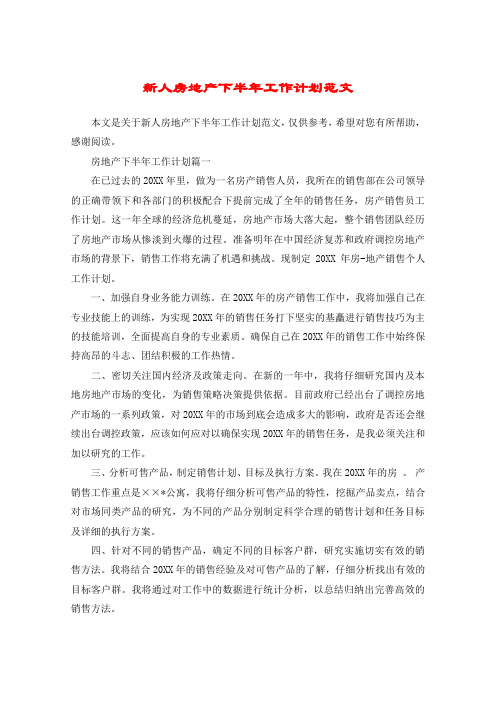 新人房地产下半年工作计划范文