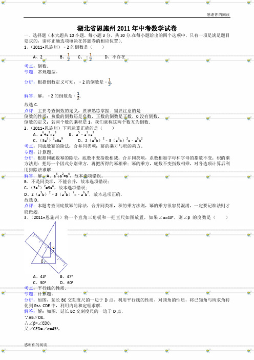 湖北恩施中考数学试题解析版.doc