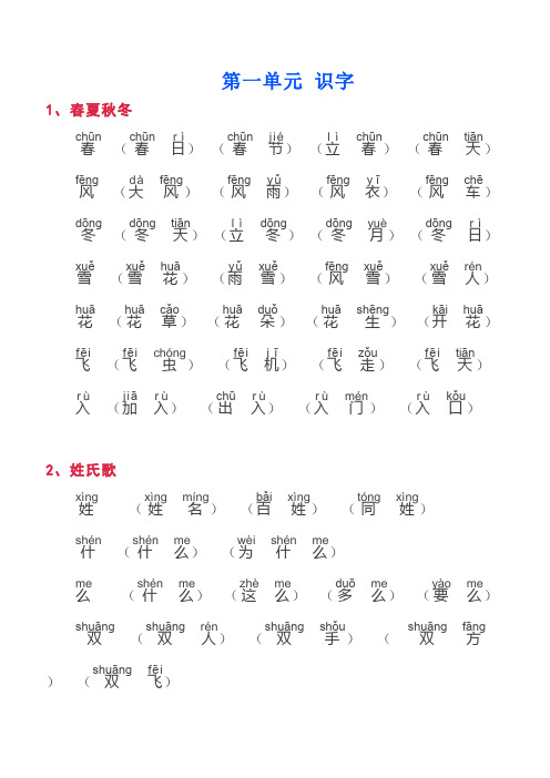 (完整版)部编版语文一年级下册词语汇总