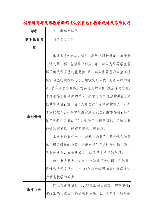 初中道德与法治教学课例《认识自己》课程思政核心素养教学设计及总结反思