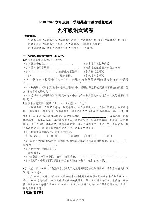 安徽省2019-2020学年度第一学期芜湖市教学质量监控九年级语文试题卷及答案