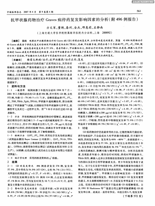 抗甲状腺药物治疗Graves病停药复发影响因素的分析(附496例报告)