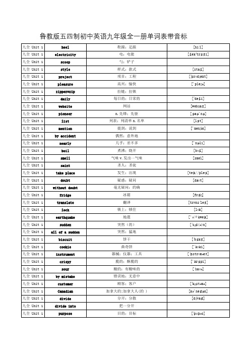 鲁教版五四制初中英语九年级全一册单词表带音标