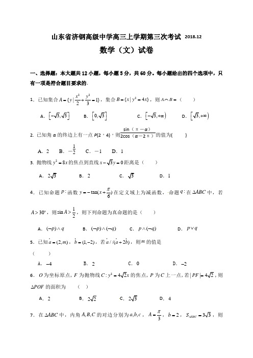 山东省济南市济钢高级中学2019届高三12月月考数学(文)试题(含答案)