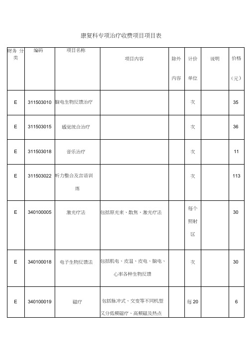 康复理疗收费项目表