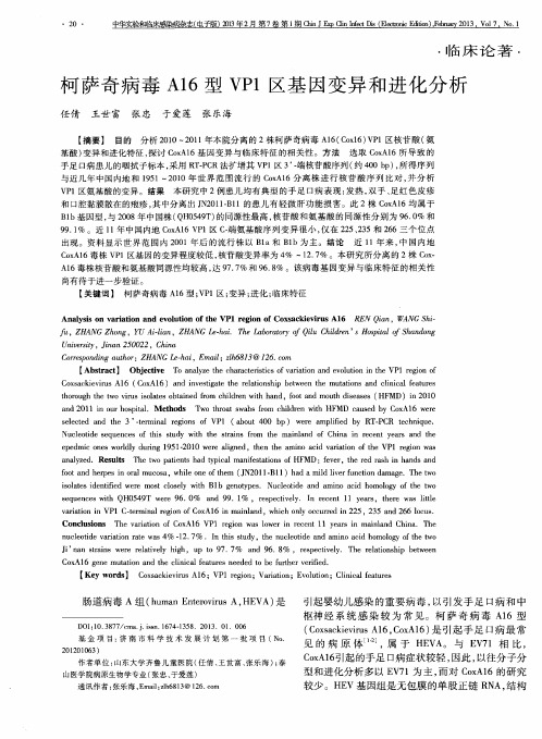 柯萨奇病毒A16型VP1区基因变异和进化分析