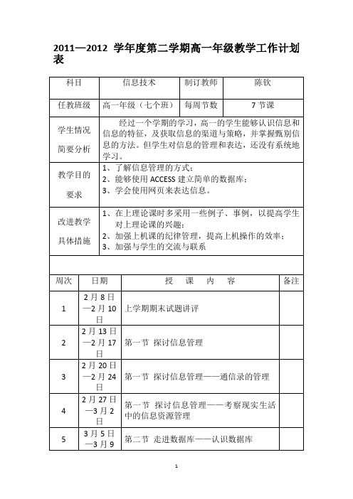 2011—2012学年度第二学期高一年级教学工作计划表