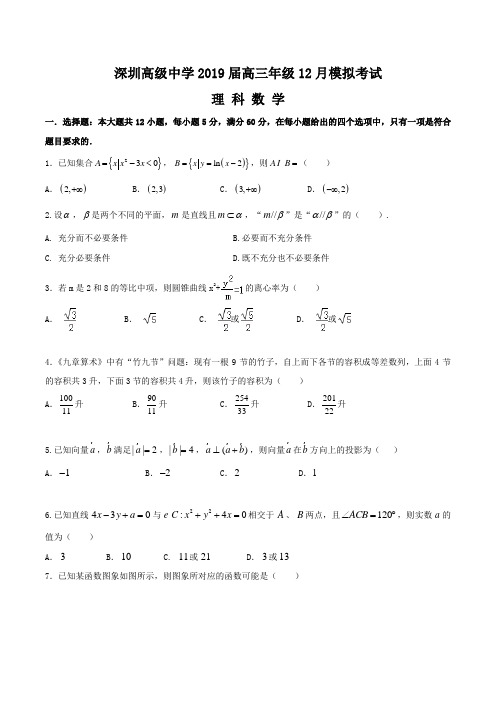 广东省深圳市高级中学2019届高三数学(理科)12月模拟考试试题及答案