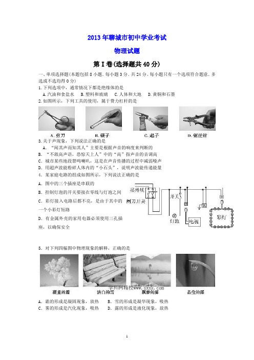 2013年山东聊城市中考物理试题及答案(word版)