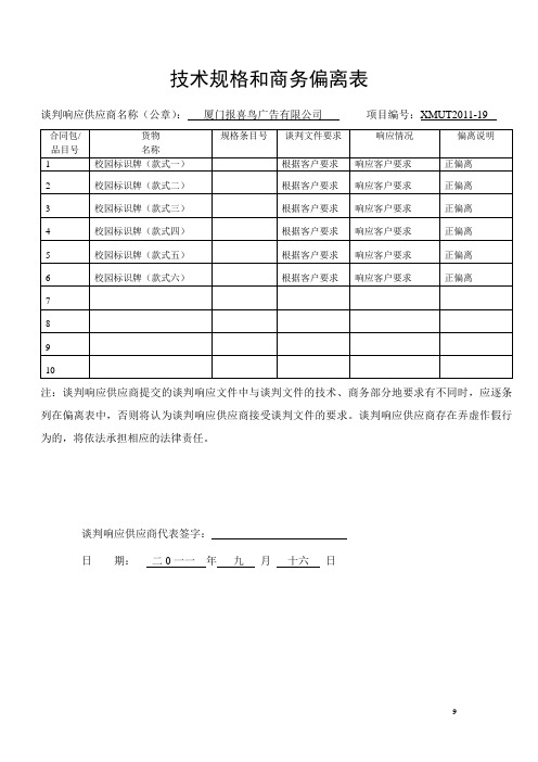 技术规格和商务偏离表
