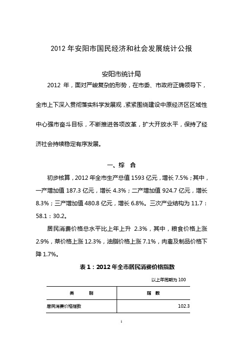 2012年安阳市国民经济和社会发展公报