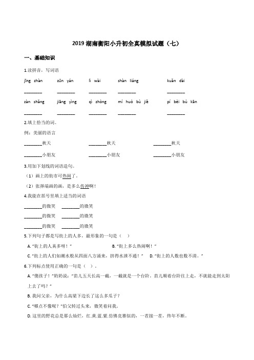 六年级下册语文试题--2019湖南衡阳小升初全真模拟试题(七) 人教新课标 含答案