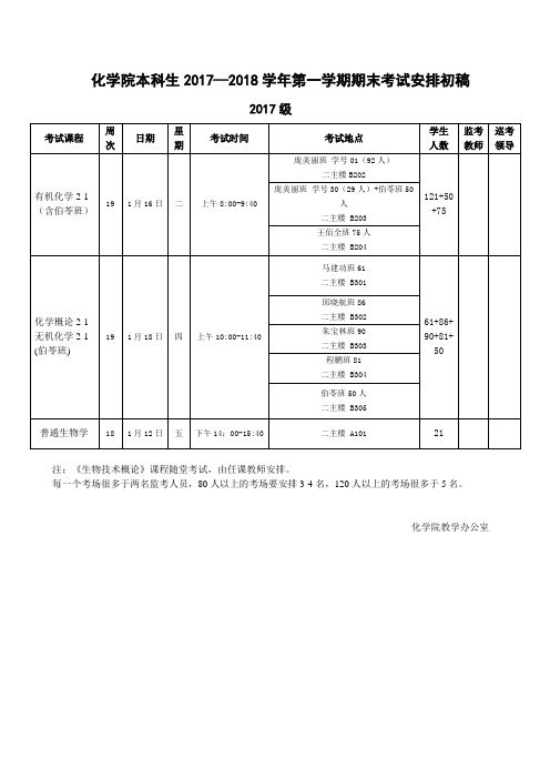 化学院本科生20172018学年第一学期期末考试安排初稿