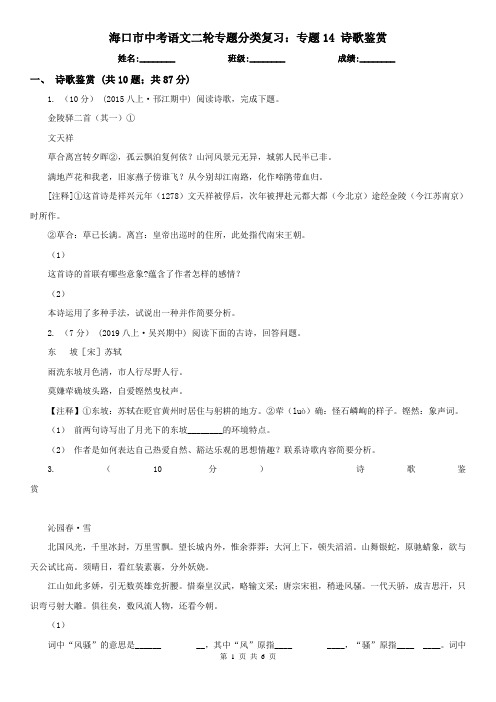 海口市中考语文二轮专题分类复习：专题14 诗歌鉴赏