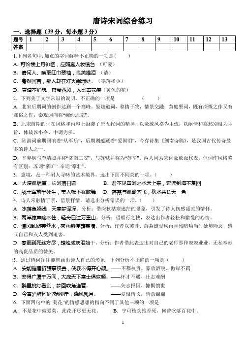 唐诗宋词综合练习(苏教版)