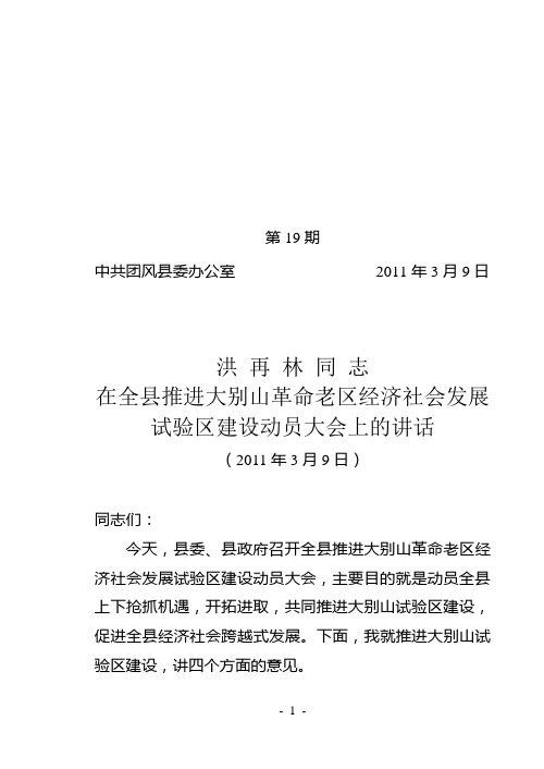 洪再林同志在全县推进大别山试验区建设动员大会上的讲话(19期)
