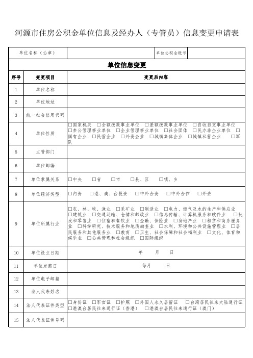 河源市住房公积金单位信息及 经办人(专管员)信息变更申请表