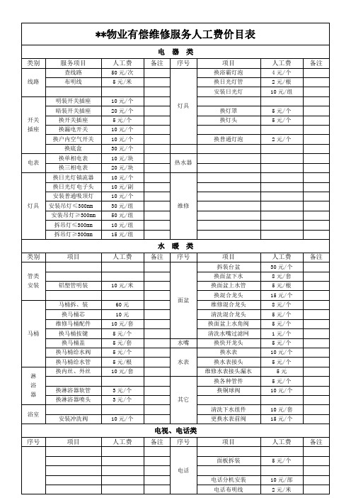 有偿维修服务人工费价目表