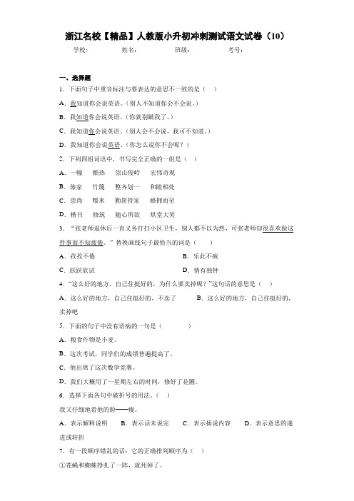 小学浙江名校人教版小升初冲刺测试语文试卷(10)(含答案解析)