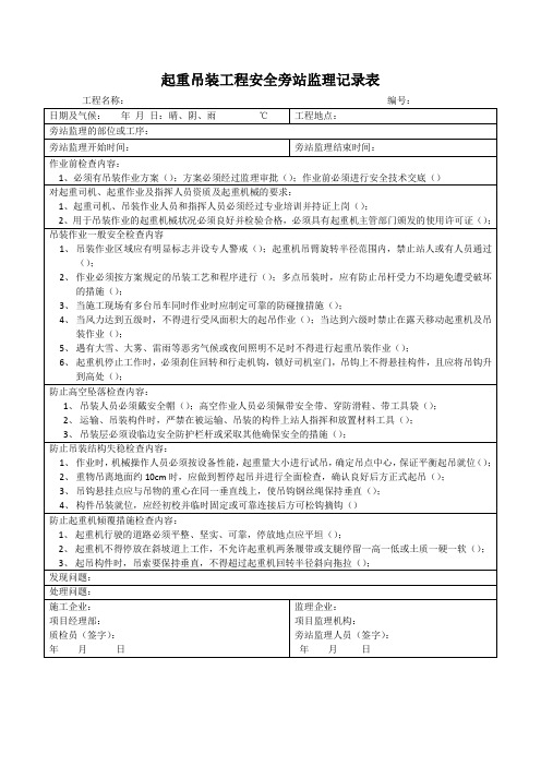 起重吊装工程安全旁站监理记录表