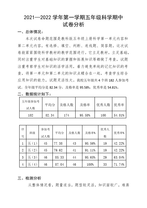 第一学期五年级科学期中试卷分析