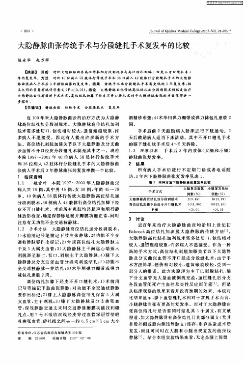 大隐静脉曲张传统手术与分段缝扎手术复发率的比较