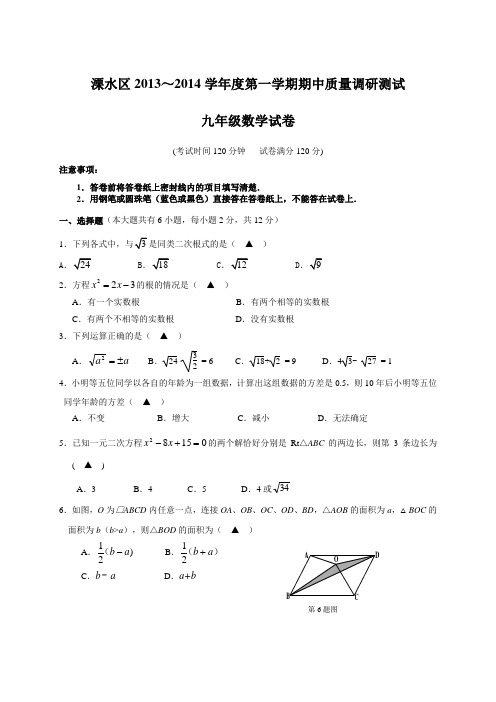 溧水区第一初级中学2014届九年级上期中质量调研数学试题