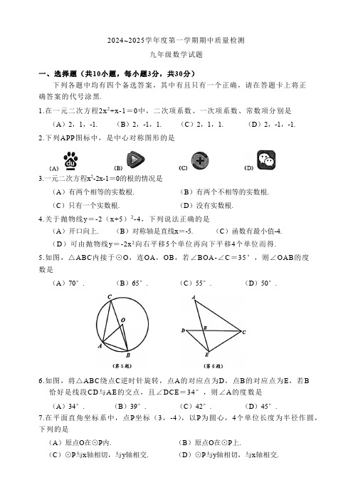 2024-2025学年上学期期中质量检测九年级数学试卷