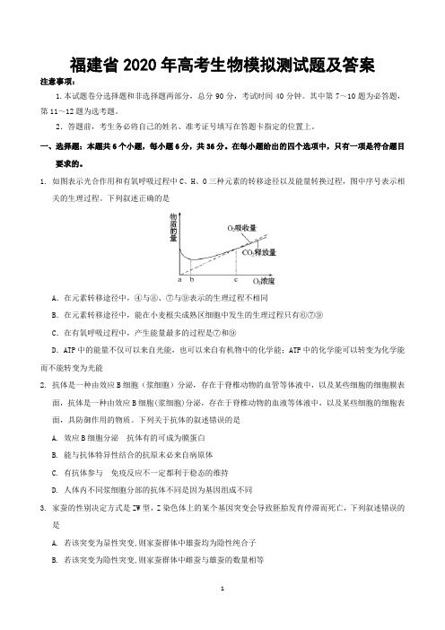 福建省2020年高考生物模拟测试题及答案