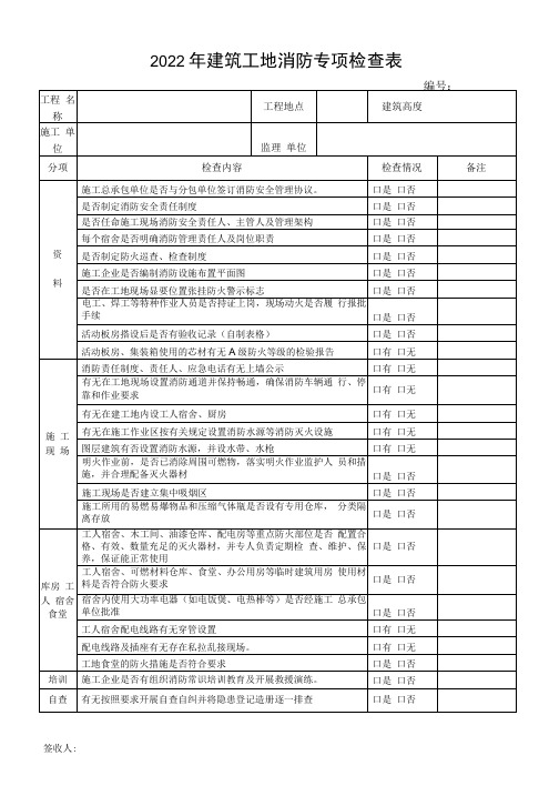 2022年建筑工地消防专项检查表