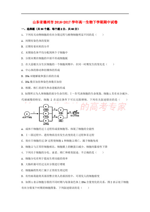 山东省德州市2016-2017学年高一生物下学期期中试卷(含解析)
