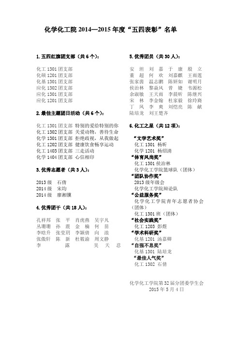 湖南大学化学化工学院2014-2015年度五四评优名单
