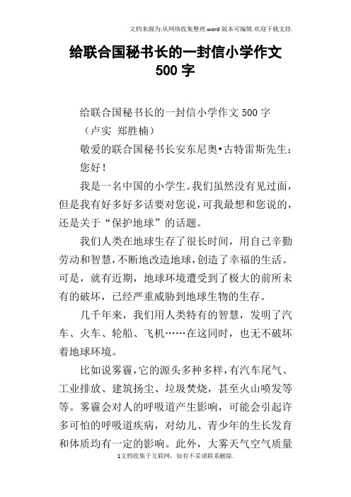 给联合国秘书长的一封信小学作文500字