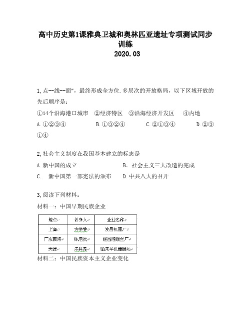 高中历史第1课雅典卫城和奥林匹亚遗址专项测试同步训练