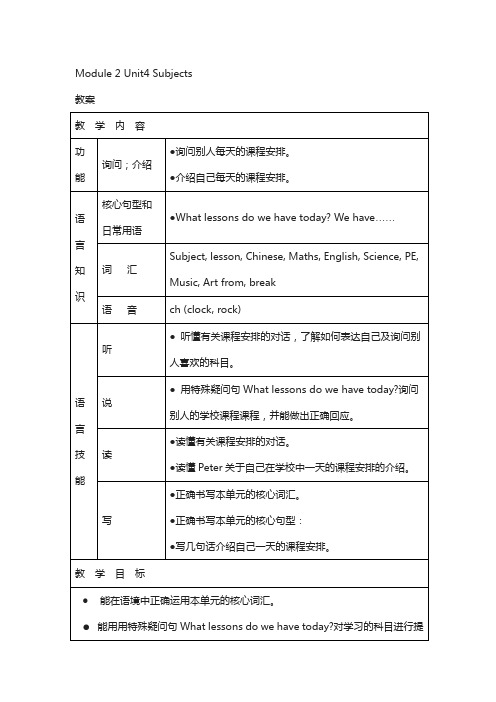 上海教育版英语四年级下册Module 2 Unit 4《subjects》word教案