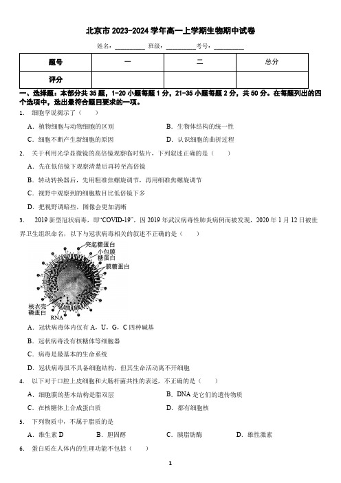 北京市2023-2024学年高一上学期生物期中试卷(含答案)