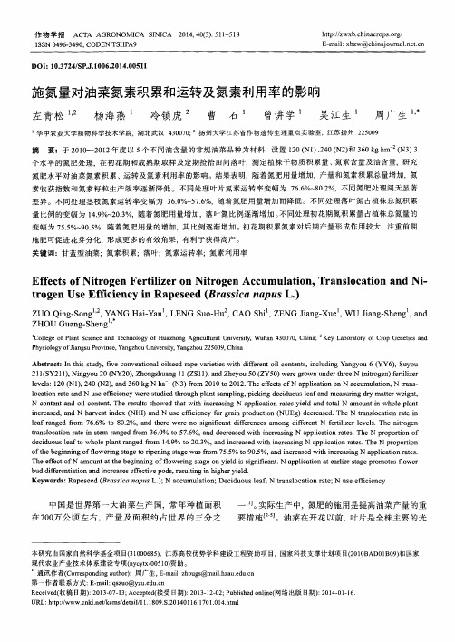 施氮量对油菜氮素积累和运转及氮素利用率的影响