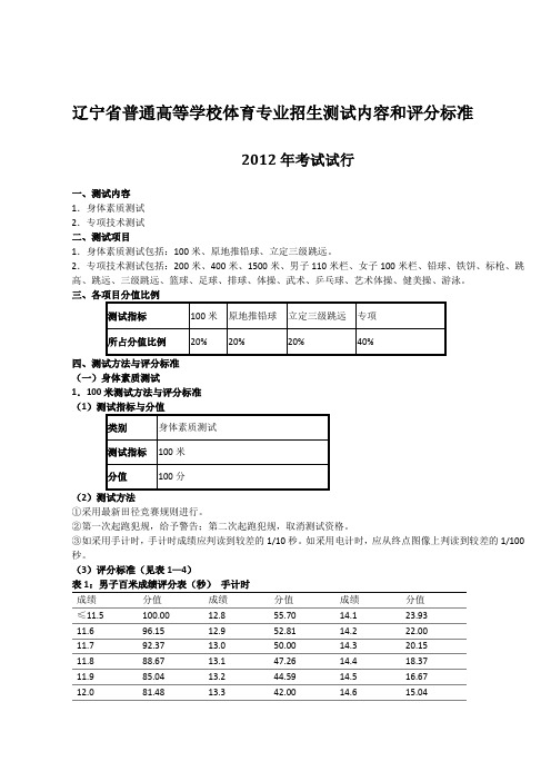 辽宁省普通高等学校体育专业招生测试内容和评分标准