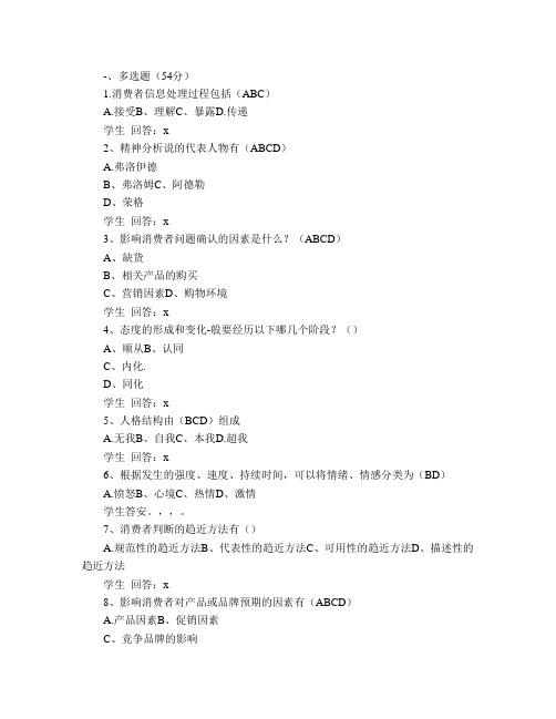 消费者行为学  本科 山大20年考试复习题库及部分答案