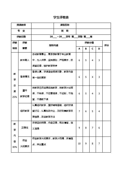 授课教师学生评教表