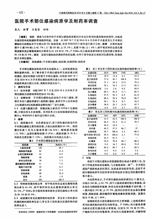 医院手术部位感染病原学及耐药率调查
