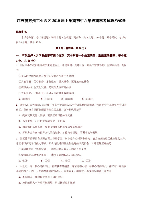 人教版江苏省苏州工业园区2019届上学期初中九年级期末考试政治试卷(含答案)