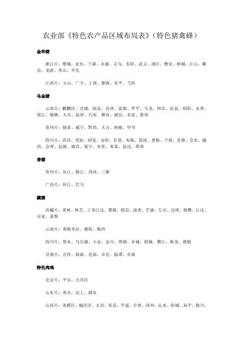 农业部-特色农产品区域布局表 特色猪禽蜂