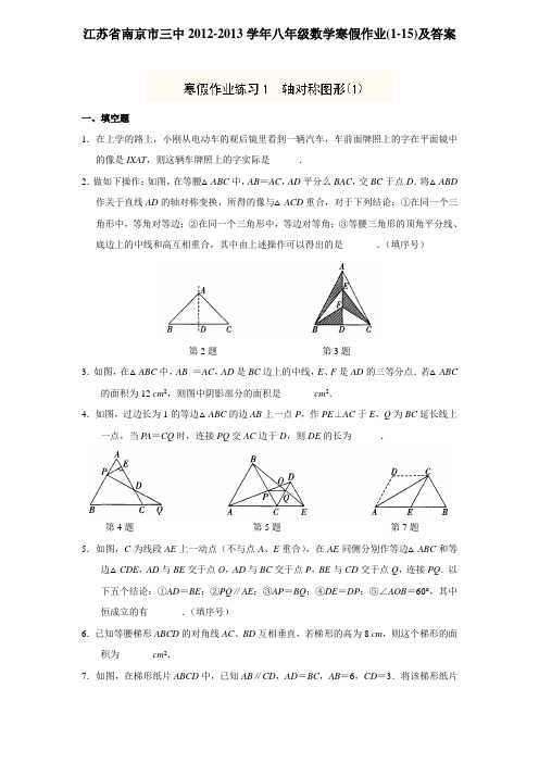 江苏省南京市三中2012-2013学年初二数学寒假作业(1-15)及答案