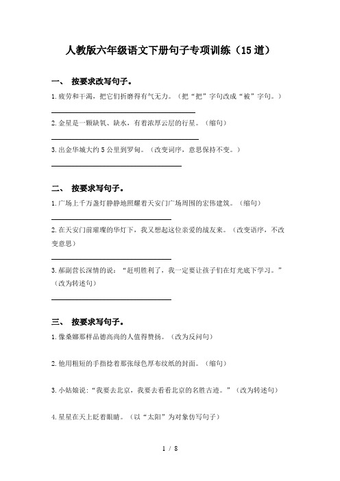 人教版六年级语文下册句子专项训练(15道)