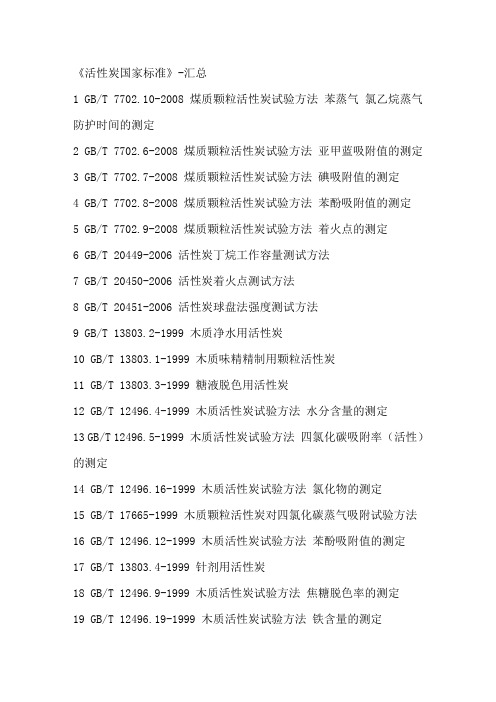 各行业活性炭国家标准索引