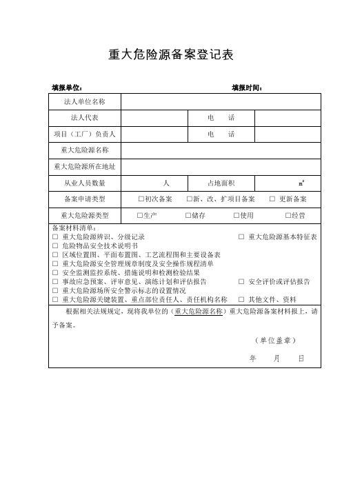 重大危险源备案登记表