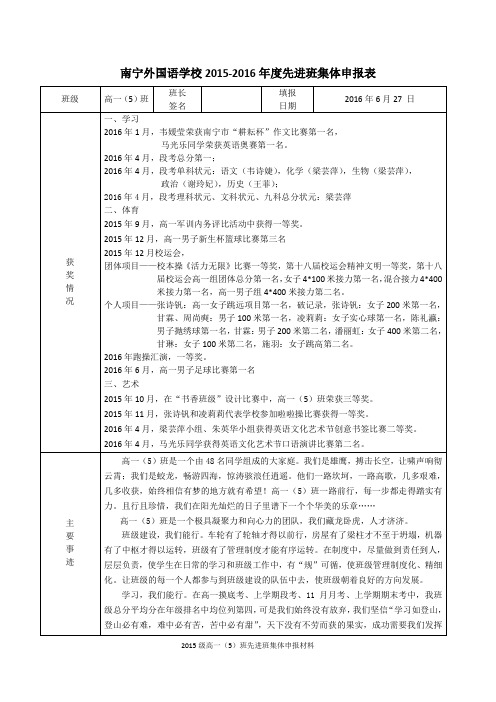 南宁外国语学校2015-2016年度先进班集体申报表【高一(5)班】
