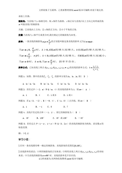 直线倾斜角、斜率、斜率公式-直线方程的各种表示方法