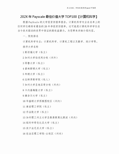 202X年Payscale最佳价值大学TOP100【计算机科学】.doc